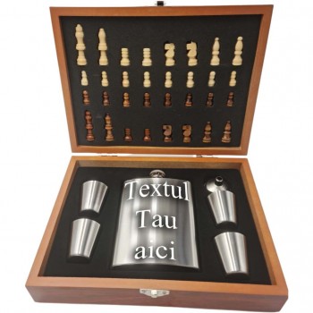 Sticla si 4 pahare, palnie, sah, cutie speciala tabla de sah, piese de sah, sticla 9 Oz, Sticla personalizata