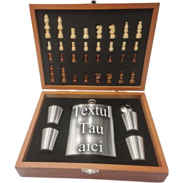 Sticla si 4 pahare, palnie, sah, cutie speciala tabla de sah, piese de sah, sticla 9 Oz, Sticla personalizata