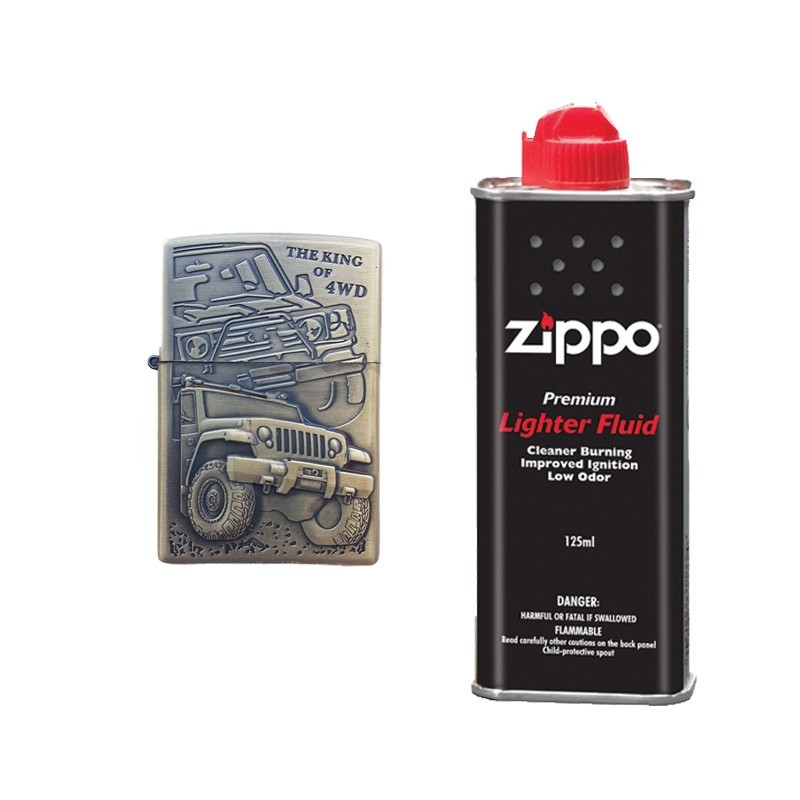 Bricheta tip zippo, 3D relief, metalica, king of 4wd si lichid zippo 125 ml m2