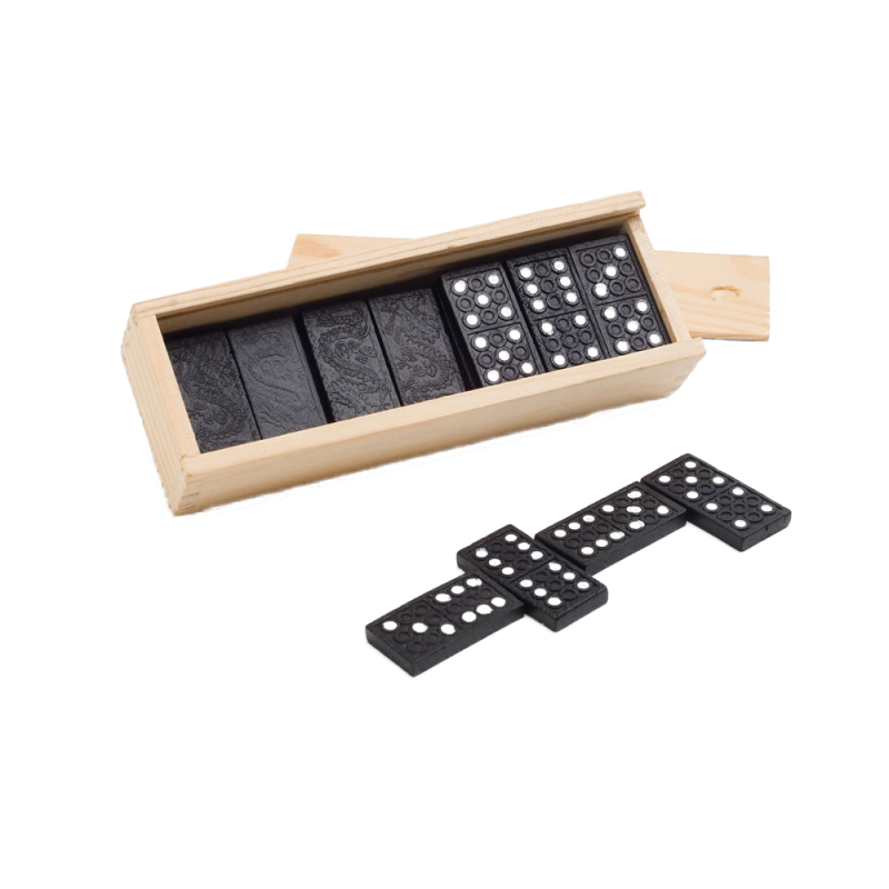 Joc domino cu piese plastic negre in cutie de lemn, 146 x 50 x 30 mm
