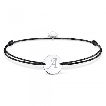 Bratara ajustabila, cu banut rotund si inima, argintiu, gravat personalizat cu litera TA, snur negru
