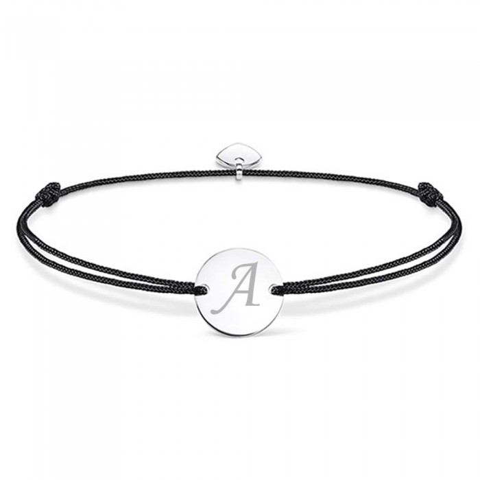 Bratara ajustabila, cu banut rotund si inima, argintiu, gravat personalizat cu litera TA, snur negru