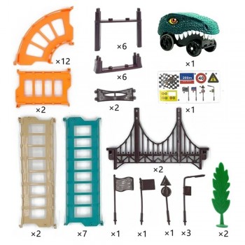 Építőjáték, 49 darab, versenypálya, elektromos dinoszauruszos autók, gyerekeknek