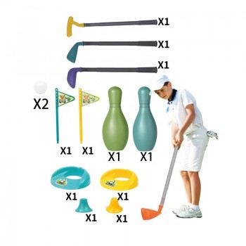 Jucarie Mini Golf Pentru Copii, 3 Crose si 2 Mingi, 2 Gauri, 2 popice, 50 cm, Multicolor, +3 ani