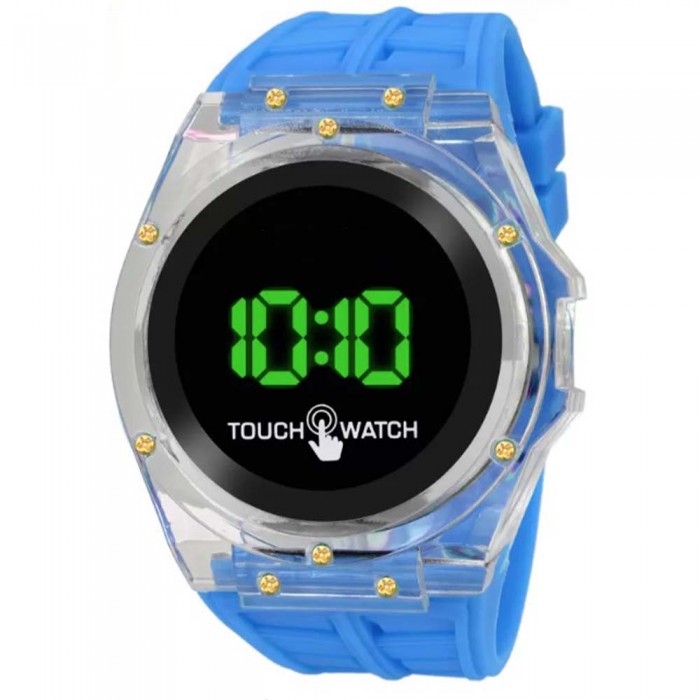 Ceas Albastru Electronic Cu LED In Forma Rotunda, Touch, Baterie Inclusa
