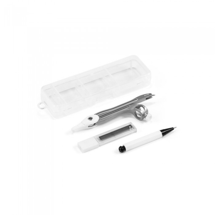 Geometrie în Cutie, Include 1 Compas, 1 Creion Mecanic și 10 Mine Grafit de 0,5 mm. 128 x 42 x 20 mm, Alb