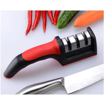 Dispozitiv profesional pentru ascutit cutite, din otel, inoxidabil cu 3 nivele si maner , 21 cm, negru/rosu