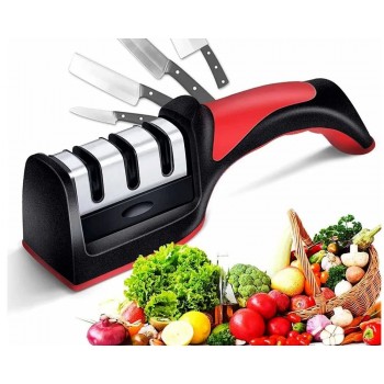 Dispozitiv profesional pentru ascutit cutite, din otel, inoxidabil cu 3 nivele si maner , 21 cm, negru/rosu