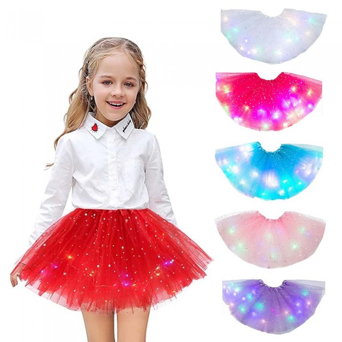 LED fényekkel világító szoknya, kislányoknak, beépített színes, csillagmintás, 30 cm