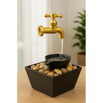 Fantana Decorativa de Interior cu Robinet Auriu, Efect Apa Curenta, Lampa Ambientala LED, Modern cu Pietre