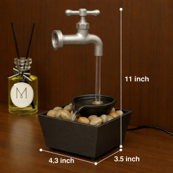 Fantana Decorativa de Interior cu Robinet Argintiu, Efect Apa Curenta, Lampa Ambientala LED, Modern cu Pietre