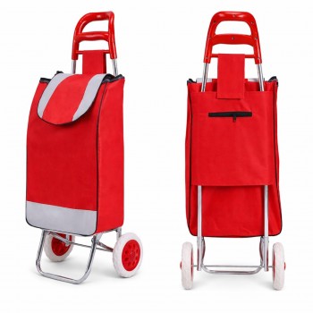 Carucior Cumparaturi Pliabil cu Roti, Cadru Metalic, Usor de Transportat, Buzunar, Rosu