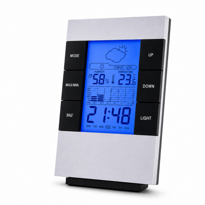 Ceas de Birou cu 12 sau 24 de Ore, Alarma, Calendar, Termometru, Higrometru