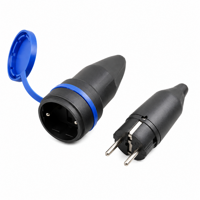 Set cupla si stecher Impermeabil IP44 cu Capac, Schuko pentru Exterior, Negru Albastru