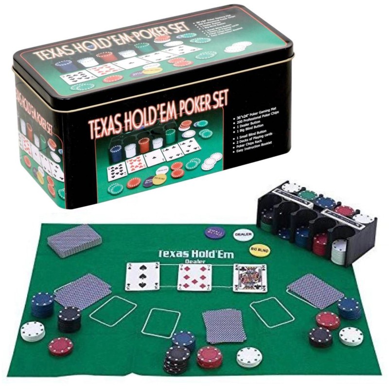 Poker cu 200 chips poker in cutie metalica, buton dealer, jetoane 4 culori de 1, 5 10 si 25,  carti joc