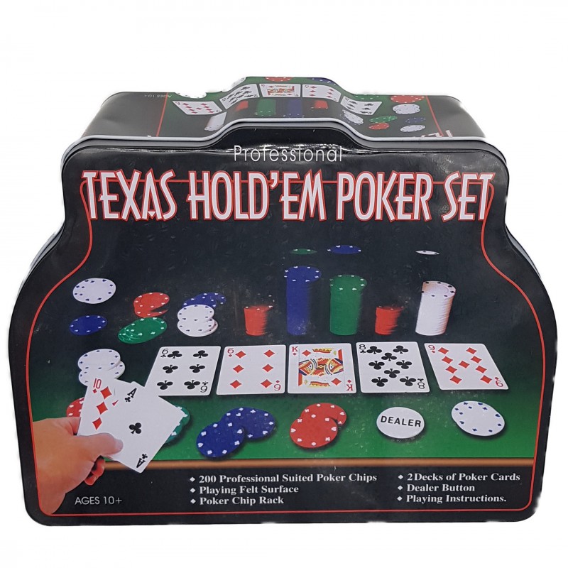Poker Texas Holden negru 200 jetoane, 2 carti, covoras, 3 butoane, cutie