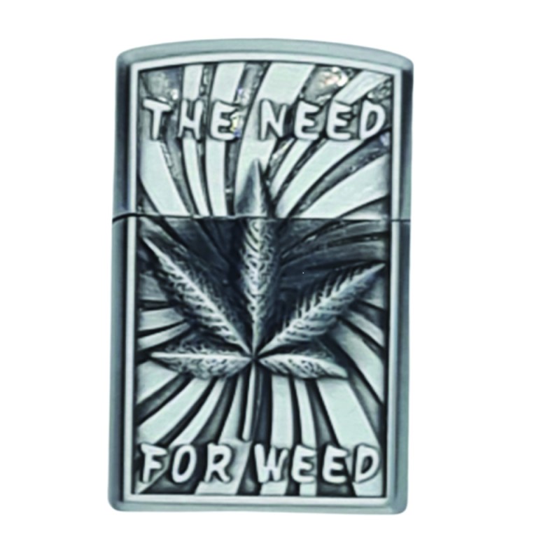 Bricheta tip zippo, 3D relief, metalica, the need for weed, gaz, marihuana, gri, cutie