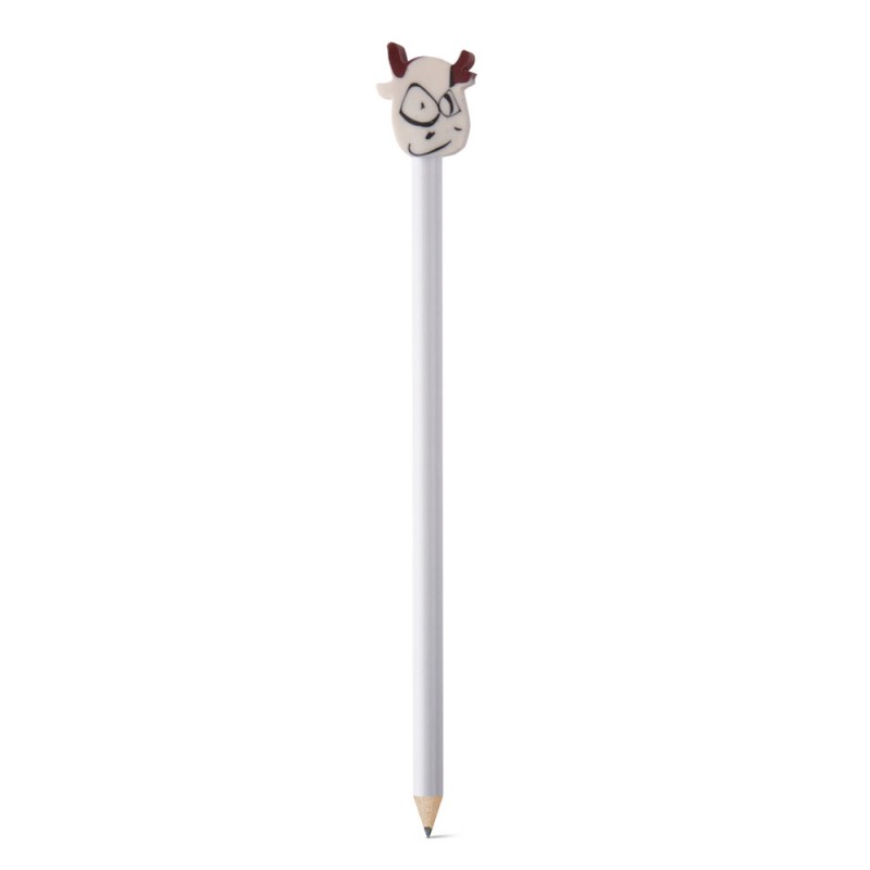 Creion cu guma, simplu, alb din lemn ascutit cu guma colorata