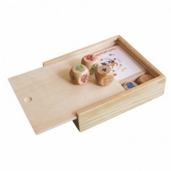 jocuri 2 in 1, pachet de carti si zaruri, in cutie de lemn