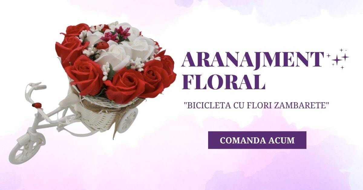 Aranjament floral trandafiri "Bicicleta cu flori zambarete", flori de sapun, rosu cu alb, Dalimag, 30x17x15 cm